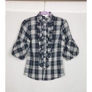 Toi Et Moi Boho Office Siren Blouse Top M Plaid Gray Black Ruffle Front Academia